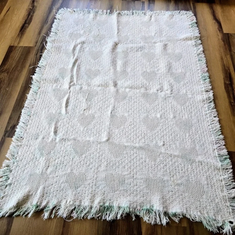Vintage 80s 90s Cream Pink Floral Woven Heart Throw Blanket Nursery Cottagecore